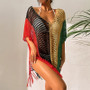 Knitted Contrast Tassel Bikini Summer Beach Cover Up Sexy Hollow Out Women V Neck Loose Beachwear Sunscreen Smock
