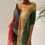 Knitted Contrast Tassel Bikini Summer Beach Cover Up Sexy Hollow Out Women V Neck Loose Beachwear Sunscreen Smock