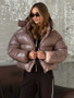 Women's Glossy Shiny Hooded Zip Cropped Puffer Jacket Oversized Loose Fit Long Sleeve Elastic Cuff Padded Warm Casual Winter Top