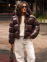 Women's Glossy Shiny Hooded Zip Cropped Puffer Jacket Oversized Loose Fit Long Sleeve Elastic Cuff Padded Warm Casual Winter Top
