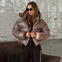 Women's Glossy Shiny Hooded Zip Cropped Puffer Jacket Oversized Loose Fit Long Sleeve Elastic Cuff Padded Warm Casual Winter Top