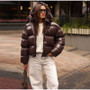 Women's Glossy Shiny Hooded Zip Cropped Puffer Jacket Oversized Loose Fit Long Sleeve Elastic Cuff Padded Warm Casual Winter Top