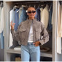 Women Faux Suede Cropped Jacket Stand Collar Snap Button Epaulet Detail Long Sleeve Loose Moto Outerwear Edgy Fall Daily Jackets