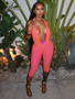 Joskaa Sexy Patchwork 2 Piece Set Women Cowl Neck Halter Backless Tie-Up Crop Top+High Waist Capri Pants Matching Party Clubwear