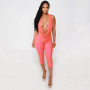 Joskaa Sexy Patchwork 2 Piece Set Women Cowl Neck Halter Backless Tie-Up Crop Top+High Waist Capri Pants Matching Party Clubwear