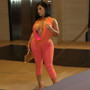 Joskaa Sexy Patchwork 2 Piece Set Women Cowl Neck Halter Backless Tie-Up Crop Top+High Waist Capri Pants Matching Party Clubwear