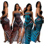 XZ8036 New Explosions European and American Women's Mesh Printing Strapless High Vent Sexy Long dress