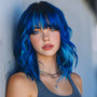 2026 New 14-Inch Blue Wave Head High-Gloss Ladies Wig-Hair Tail Micro-Volume Natural Bangs with Transparent Lace SM493-4