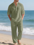 Cross-Border Men's Linen Autumn Loose Casual Breathable V-Neck Henley Shirt Long-Sleeve Long Pants Set Autumn New Arrivals