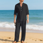 Cross-Border Men's Linen Autumn Loose Casual Breathable V-Neck Henley Shirt Long-Sleeve Long Pants Set Autumn New Arrivals