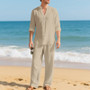 Cross-Border Men's Linen Autumn Loose Casual Breathable V-Neck Henley Shirt Long-Sleeve Long Pants Set Autumn New Arrivals