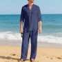 Cross-Border Men's Linen Autumn Loose Casual Breathable V-Neck Henley Shirt Long-Sleeve Long Pants Set Autumn New Arrivals