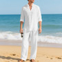 Cross-Border Men's Linen Autumn Loose Casual Breathable V-Neck Henley Shirt Long-Sleeve Long Pants Set Autumn New Arrivals