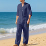 Cross-Border Men's Linen Autumn Loose Casual Breathable V-Neck Henley Shirt Long-Sleeve Long Pants Set Autumn New Arrivals