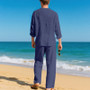 Cross-Border Men's Linen Autumn Loose Casual Breathable V-Neck Henley Shirt Long-Sleeve Long Pants Set Autumn New Arrivals