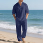 Cross-Border Men's Linen Autumn Loose Casual Breathable V-Neck Henley Shirt Long-Sleeve Long Pants Set Autumn New Arrivals