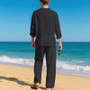 Cross-Border Men's Linen Autumn Loose Casual Breathable V-Neck Henley Shirt Long-Sleeve Long Pants Set Autumn New Arrivals