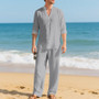 Cross-Border Men's Linen Autumn Loose Casual Breathable V-Neck Henley Shirt Long-Sleeve Long Pants Set Autumn New Arrivals