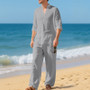 Cross-Border Men's Linen Autumn Loose Casual Breathable V-Neck Henley Shirt Long-Sleeve Long Pants Set Autumn New Arrivals