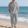 Cross-Border Men's Linen Autumn Loose Casual Breathable V-Neck Henley Shirt Long-Sleeve Long Pants Set Autumn New Arrivals