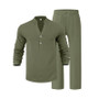 Cross-Border Men's Linen Autumn Loose Casual Breathable V-Neck Henley Shirt Long-Sleeve Long Pants Set Autumn New Arrivals