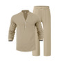Cross-Border Men's Linen Autumn Loose Casual Breathable V-Neck Henley Shirt Long-Sleeve Long Pants Set Autumn New Arrivals