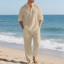 Cross-Border Men's Linen Autumn Loose Casual Breathable V-Neck Henley Shirt Long-Sleeve Long Pants Set Autumn New Arrivals