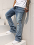 Men's Relaxed Straight Leg Jeans Light Blue Vintage Wash Distressed Denim Pants Streetwear Ready to Ship