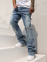 Men's Relaxed Straight Leg Jeans Light Blue Vintage Wash Distressed Denim Pants Streetwear Ready to Ship