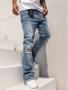 Men's Relaxed Straight Leg Jeans Light Blue Vintage Wash Distressed Denim Pants Streetwear Ready to Ship