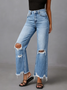 Ripped Wide Leg Jeans Women High Waist Distressed Raw Hem Cropped Denim Pants US Ready Stock