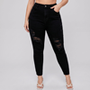 Women's Plus Size Black Ripped Jeans High Waist Distressed Skinny Denim Pants Street Fashion Ready Stock