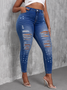 Women's Plus Size European American Style Jeans XL-8XL Casual Slim Pencil Fit Mid Waist Denim Fabric Logo Hole Skinny for Autumn