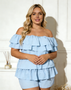 Plus Size Women's Summer Romper Solid Light Blue Off-the-Shoulder Tiered Ruffle One-piece Sleeve Jumpsuit