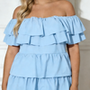 Plus Size Women's Summer Romper Solid Light Blue Off-the-Shoulder Tiered Ruffle One-piece Sleeve Jumpsuit