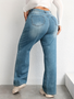 High Quality Light Blue Washed Denim Jeans Vintage Baggy Flare Pants Logo Waist for Women Men Long Boyfriend Loose Leg Style