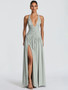 Mozision Halter Deep V Neck Sexy Maxi Dress Women Elegant Off-shoulder Sleeveless High Split Pleated Club Party Long Dress