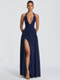 Mozision Halter Deep V Neck Sexy Maxi Dress Women Elegant Off-shoulder Sleeveless High Split Pleated Club Party Long Dress