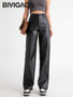 BIVIGAOS Fall Winter Fleece Loose Wide Leg Warm Leather Pants Women Button Pocket High Waist Thick PU Casual Straight Pants
