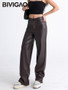BIVIGAOS Fall Winter Fleece Loose Wide Leg Warm Leather Pants Women Button Pocket High Waist Thick PU Casual Straight Pants