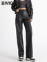 BIVIGAOS Fall Winter Fleece Loose Wide Leg Warm Leather Pants Women Button Pocket High Waist Thick PU Casual Straight Pants