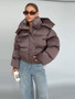 Solid Hooded Cropped Puffer Jacket Women Stand Collar Snap Button Loose Long Sleeve Jackets 2026 Winter Casual Warm Padded Coat