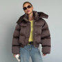 Solid Hooded Cropped Puffer Jacket Women Stand Collar Snap Button Loose Long Sleeve Jackets 2026 Winter Casual Warm Padded Coat