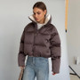 Solid Hooded Cropped Puffer Jacket Women Stand Collar Snap Button Loose Long Sleeve Jackets 2026 Winter Casual Warm Padded Coat