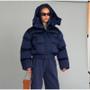 Solid Hooded Cropped Puffer Jacket Women Stand Collar Snap Button Loose Long Sleeve Jackets 2026 Winter Casual Warm Padded Coat
