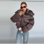 Solid Hooded Cropped Puffer Jacket Women Stand Collar Snap Button Loose Long Sleeve Jackets 2026 Winter Casual Warm Padded Coat