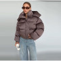 Solid Hooded Cropped Puffer Jacket Women Stand Collar Snap Button Loose Long Sleeve Jackets 2026 Winter Casual Warm Padded Coat