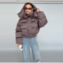 Solid Hooded Cropped Puffer Jacket Women Stand Collar Snap Button Loose Long Sleeve Jackets 2026 Winter Casual Warm Padded Coat