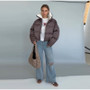 Solid Hooded Cropped Puffer Jacket Women Stand Collar Snap Button Loose Long Sleeve Jackets 2026 Winter Casual Warm Padded Coat