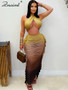 Znaiml Sexy Halter Vests and Side Ruffles Maxi Skirt 2 Piece Sets Women Summer Tie Dye Gradient Print Holiday Beach Club Outfits